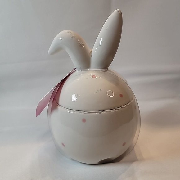 White Rabbit w/ Pink Spots Small Ceramic Jar Cookie Snack Storage - Picture 3 of 5
